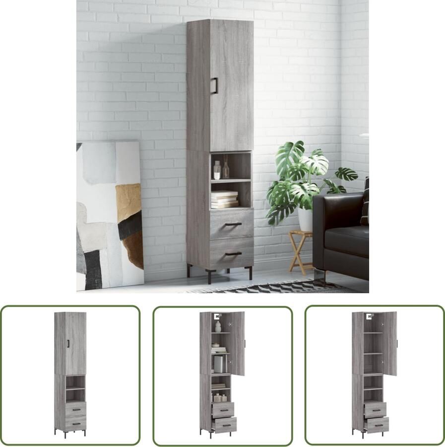The Living Store Hoge kast 34 5x34x180 cm bewerkt hout grijs sonoma eikenkleurig Hoge Kast Meubel Opbergkast Grijze Kast Houten Kast