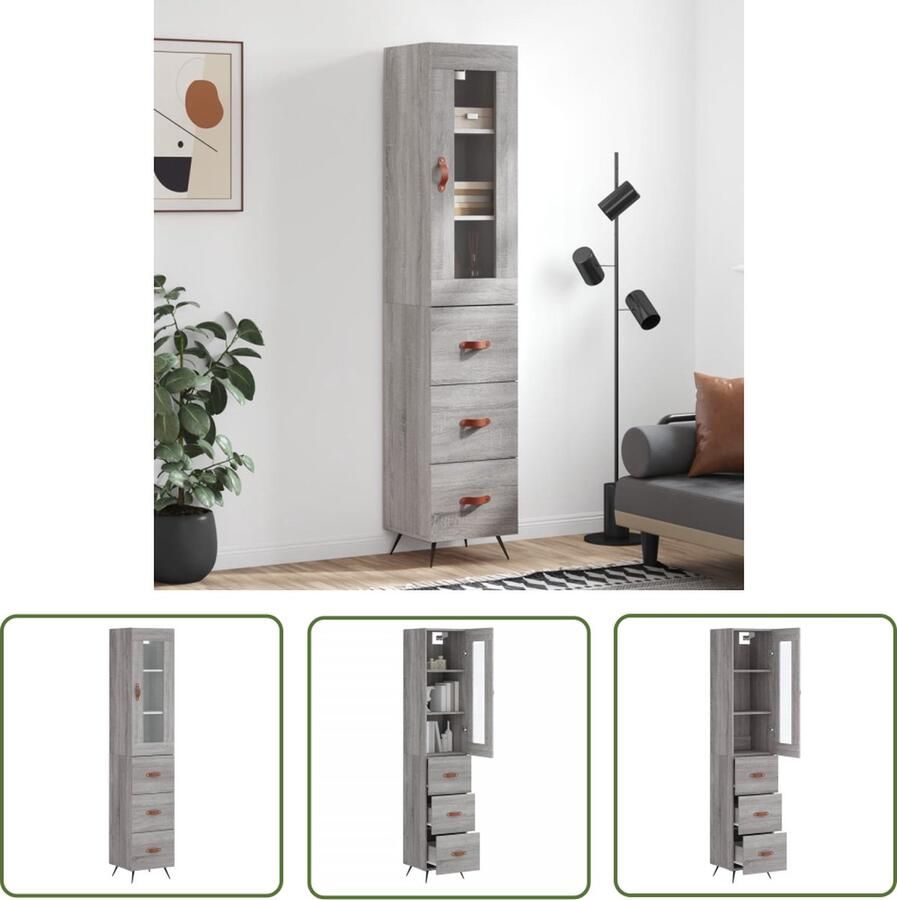The Living Store Hoge kast 34 5x34x180 cm bewerkt hout grijs sonoma eikenkleurig Hoge Kast Kledingkast Opslagkast Grijze Kast Houten Kast