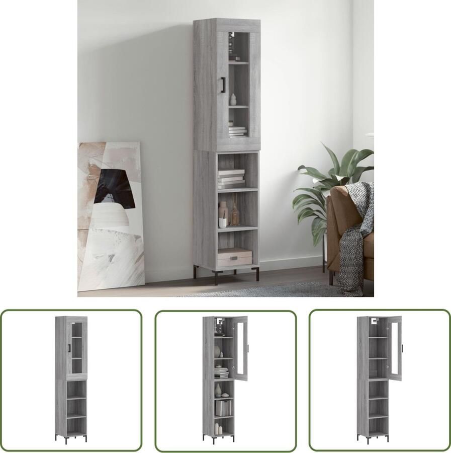 The Living Store Hoge kast 34 5x34x180 cm bewerkt hout grijs sonoma eikenkleurig Hoge Kast Opbergkast Houten Kast Grijze Kast
