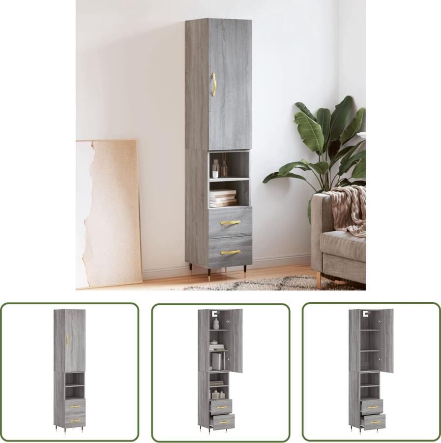 The Living Store Hoge kast 34 5x34x180 cm bewerkt hout grijs sonoma eikenkleurig Hoge Kast Grijze Kast Houten Kast Opslagkast Kledingkast