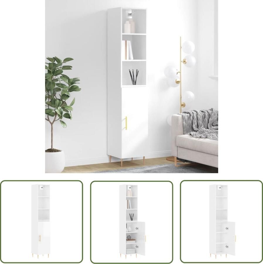 The Living Store Hoge kast 34 5x34x180 cm bewerkt hout hoogglans wit Hoge Kast Opbergkast Witte Kast Keukenopstelling Woonkamerinrichting