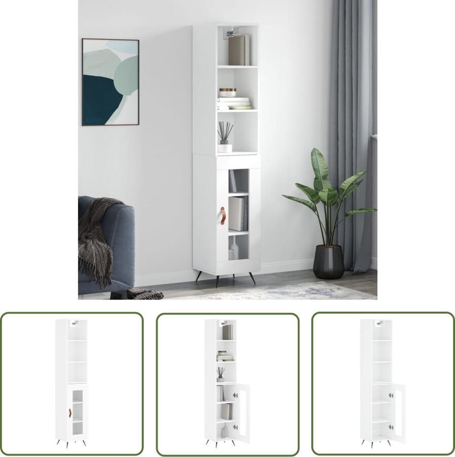 The Living Store Hoge kast 34 5x34x180 cm bewerkt hout hoogglans wit Hoge Kast Opslagkast Houten Kast Vitrinekast Livingroom Furniture