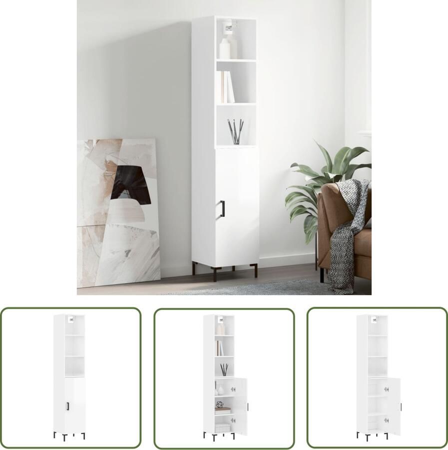 The Living Store Hoge kast 34 5x34x180 cm bewerkt hout hoogglans wit Hoge Kast Opslagoplossing Keukenopslag Badkamerkast Halkast