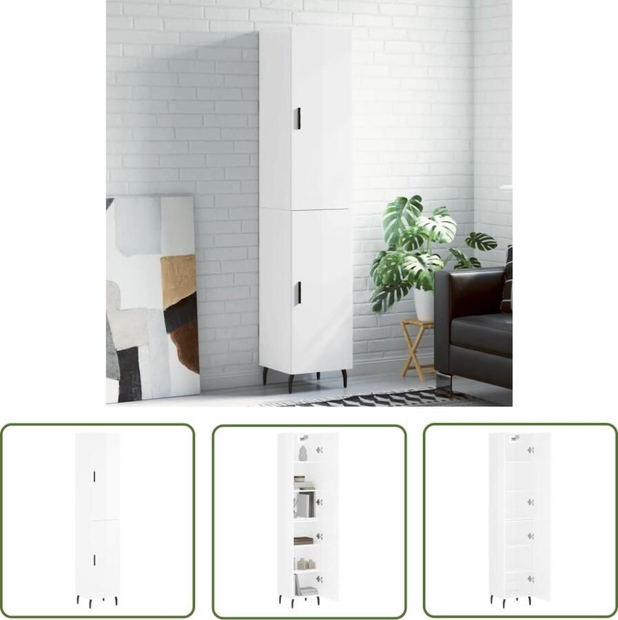 The Living Store Hoge kast 34 5x34x180 cm bewerkt hout hoogglans wit Hoge Kast Opslagoplossing Keukenopslag Woonkamermeubilair Houten Kast