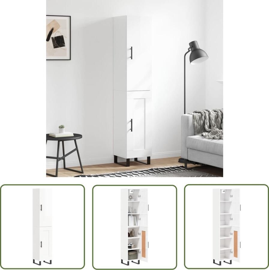The Living Store Hoge kast 34 5x34x180 cm bewerkt hout hoogglans wit Hoge Kast Witte Kast Houten Kast Opslagoplossing Woonkamermeubel - Foto 11