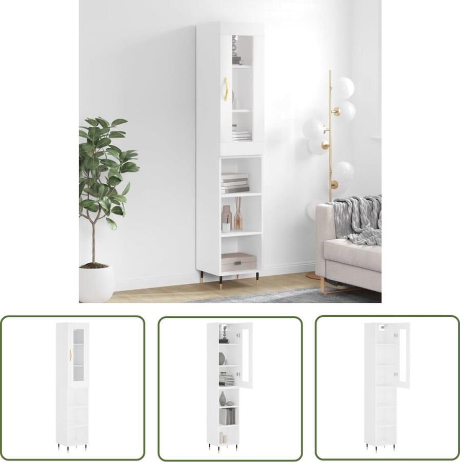 The Living Store Hoge kast 34 5x34x180 cm bewerkt hout wit Hoge Kast Wit Houten Kast Opslagoplossing Badkamerkast