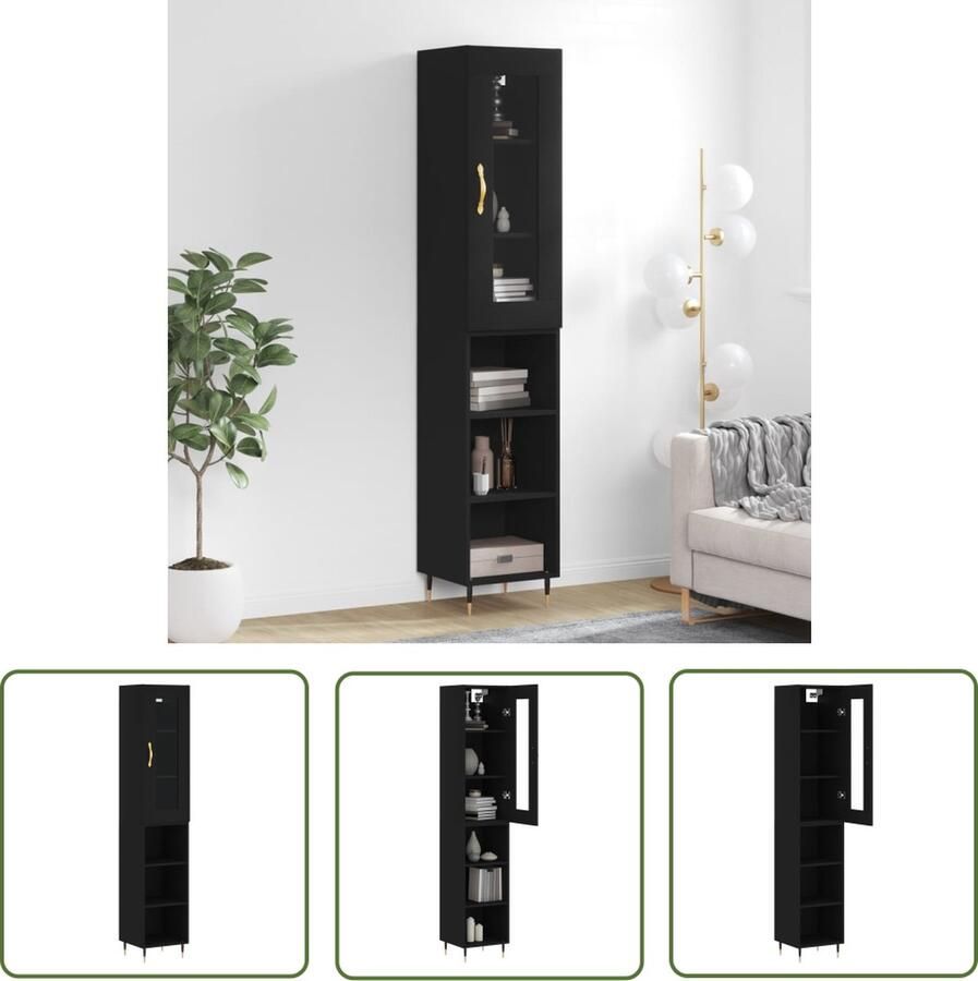 The Living Store Hoge kast 34 5x34x180 cm bewerkt hout zwart Hoge Kast Boekenkast Opslagkast Kast Zwart Houten Kast