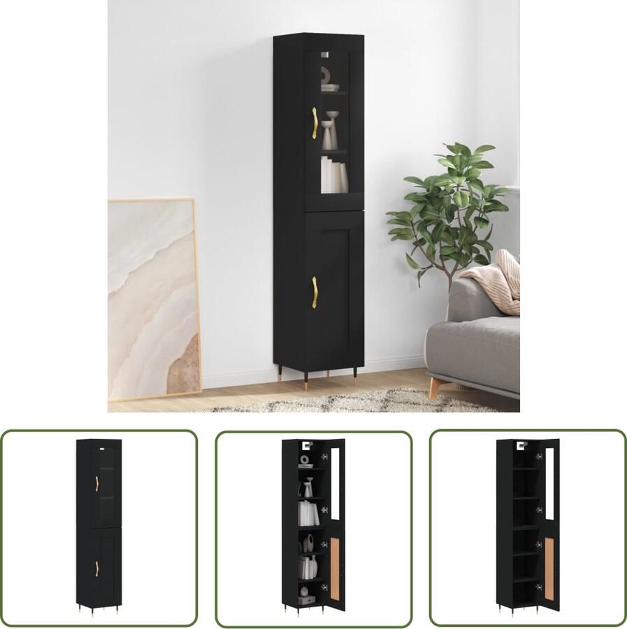 The Living Store Hoge kast 34 5x34x180 cm bewerkt hout zwart Hoge Kast Dressoir Buffetkast Zwarte Kast Houten Kast