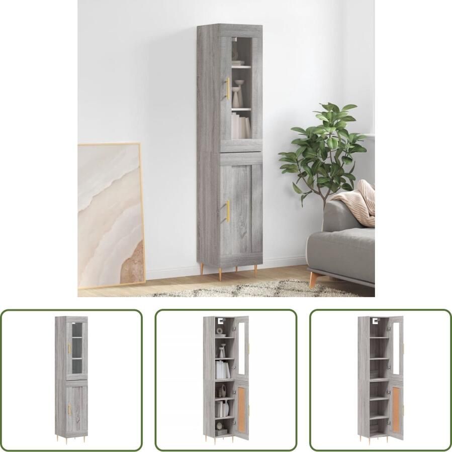 The Living Store Hoge kast 34 5x34x180 cm bewerkt hout grijs sonoma eikenkleurig Hoge Kast Kledingkast Opslagkast Houten Kast Grijze Kast