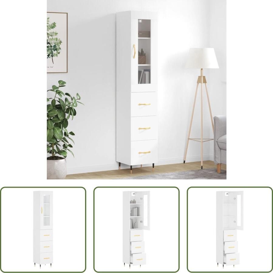 The Living Store Schappenkast Hoge Kast Wit 34.5 x 34 x 180 cm Duurzaam bewerkt hout Opbergruimte Praktische deur IJzeren poten Montage vereist - Foto 4