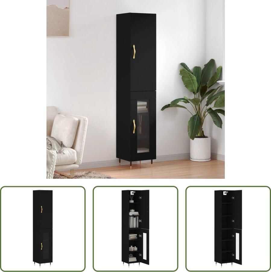 The Living Store Hoge kast 34 5x34x180 cm bewerkt hout zwart Hoge Kast Opbergkast Houten Kast Zwarte Kast
