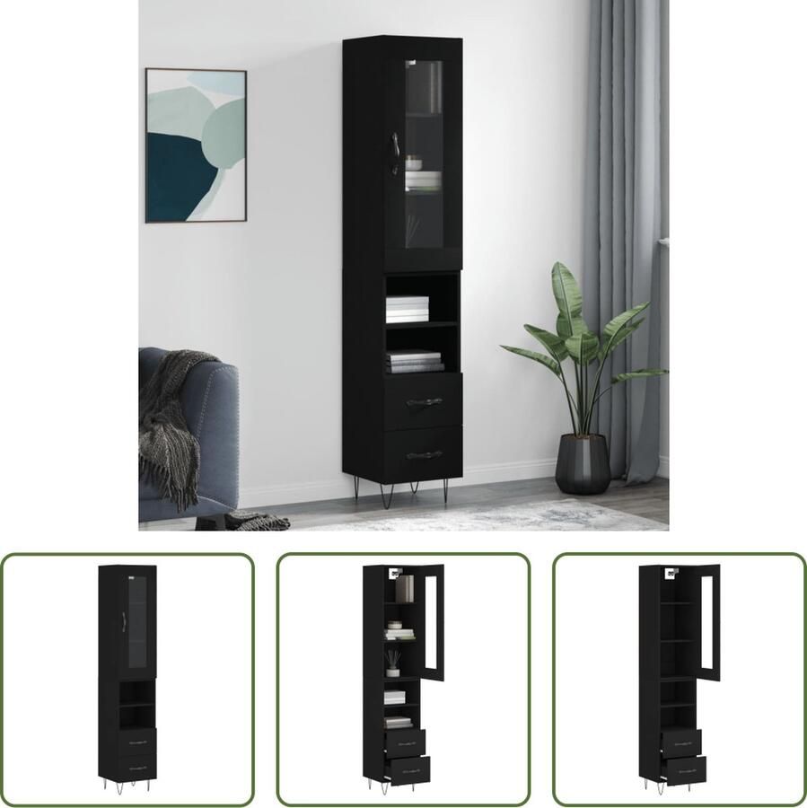 The Living Store Hoge kast 34 5x34x180 cm bewerkt hout zwart Hoge Kast Opbergkast Zwarte Kast Houten Kast - Foto 3
