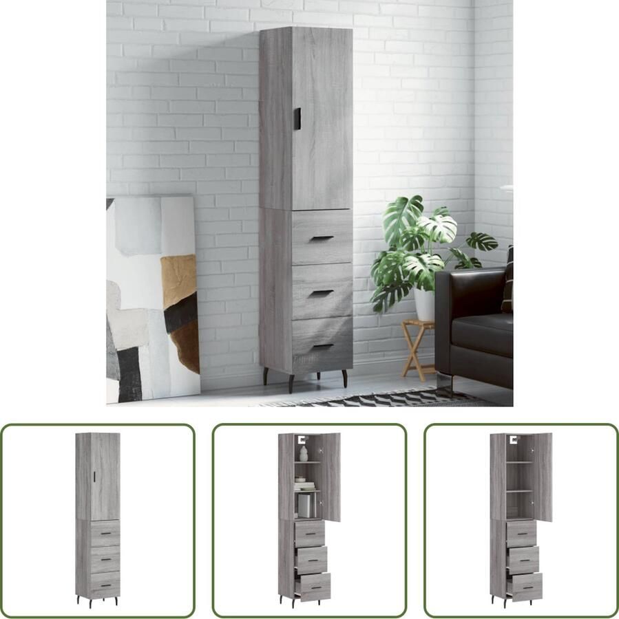 The Living Store Hoge kast 34 5x34x180 cm bewerkt hout grijs sonoma eikenkleurig Hoge Kast Houten Kast Grijze Kast Opslagoplossing Woonaccessoires - Foto 2