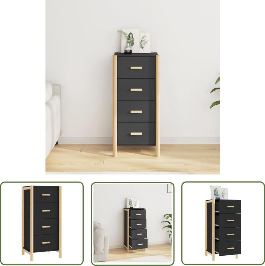 The Living Store Hoge kast 42x38x90 cm bewerkt hout zwart Klassieke Kast Hoogslaapkamermeubel Zwarte Kast Dressoir Opbergkast