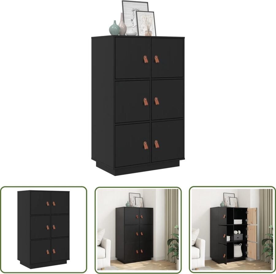 The Living Store Hoge kast 67x40x108 5 cm massief grenenhout zwart Dressoir Hoges Kast Grenoble Hout Zwarte Kast Vintage Kast