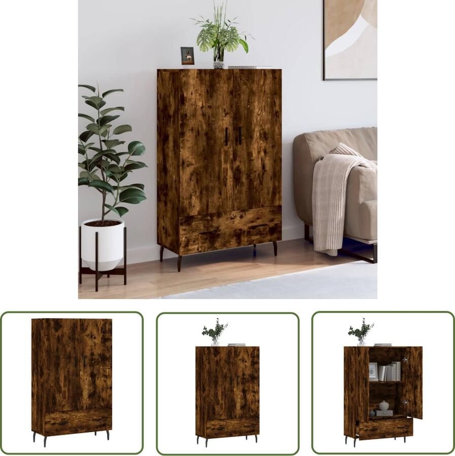 The Living Store Hoge kast 69 5x31x115 cm bewerkt hout gerookt eikenkleurig Hoge Kast Dressoir Houten Kast Kasten Bergruimte