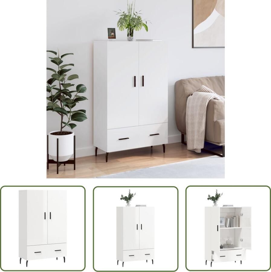 The Living Store Hoge kast 69 5x31x115 cm bewerkt hout hoogglans wit Hoge Kast Dressoir Buffetkast Opslagoplossing Keukenmeubilair - Foto 2