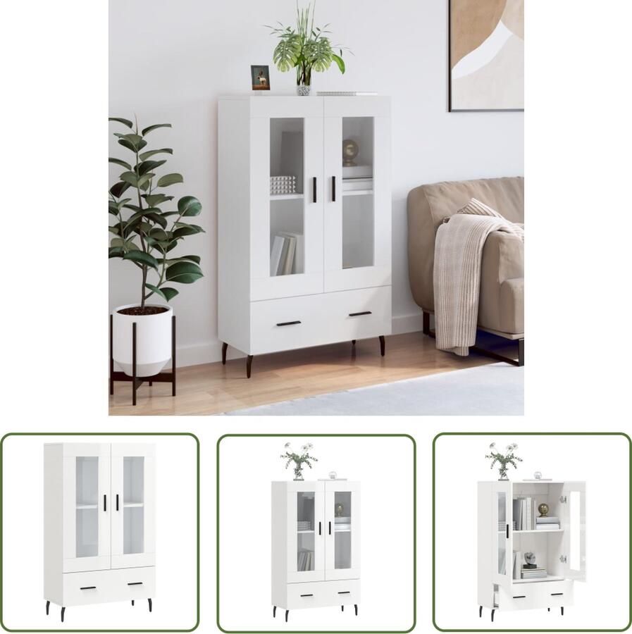 The Living Store Hoge kast 69 5x31x115 cm bewerkt hout hoogglans wit Hoge Kast Dressoir Buffetcask Witte Kast Houten Kast