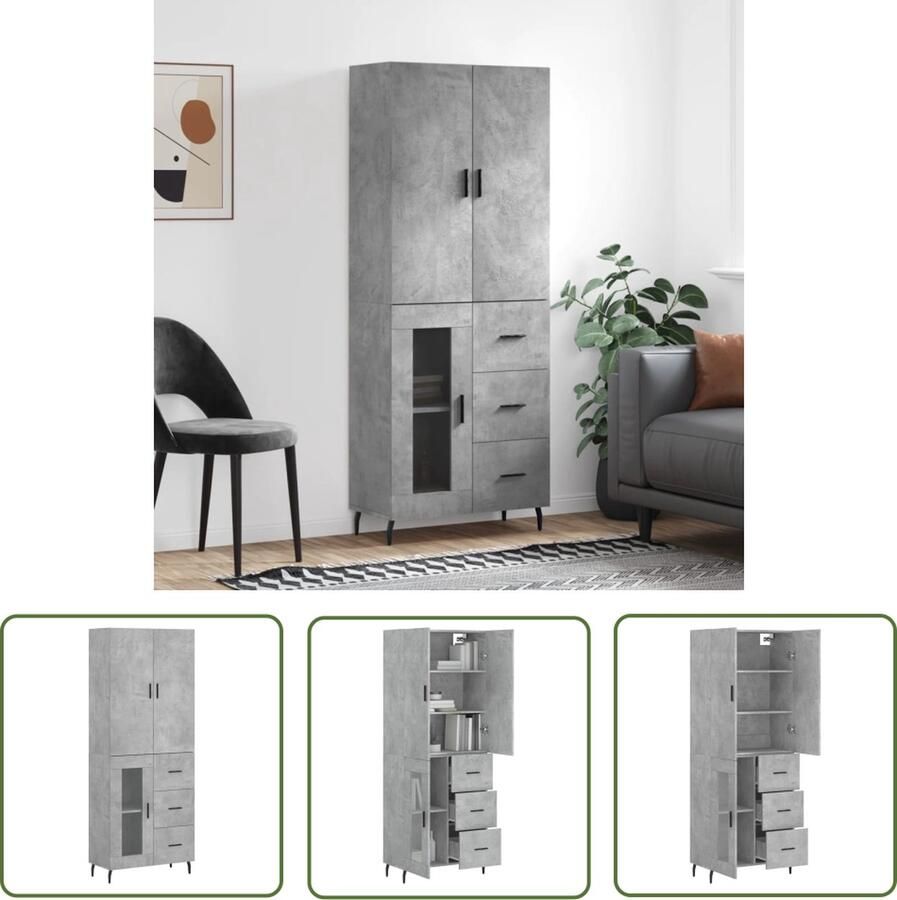 The Living Store Hoge kast 69 5x34x180 cm bewerkt hout betongrijs Hoge Kast Opbergkast Kast Beton Grijs Houten Kast Living Room Furniture