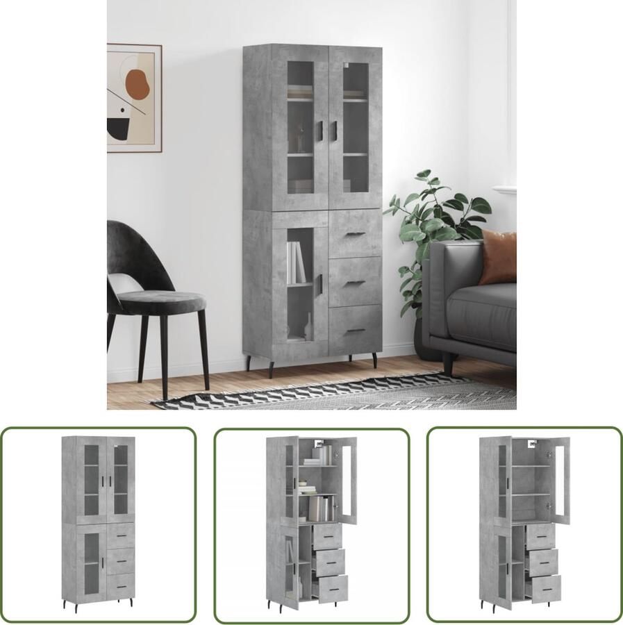 The Living Store Hoge kast 69 5x34x180 cm bewerkt hout betongrijs Hoge Kast Opslagoplossing Houten Kast Betonnen Grijze Kast Woonkamermeubilair - Foto 3