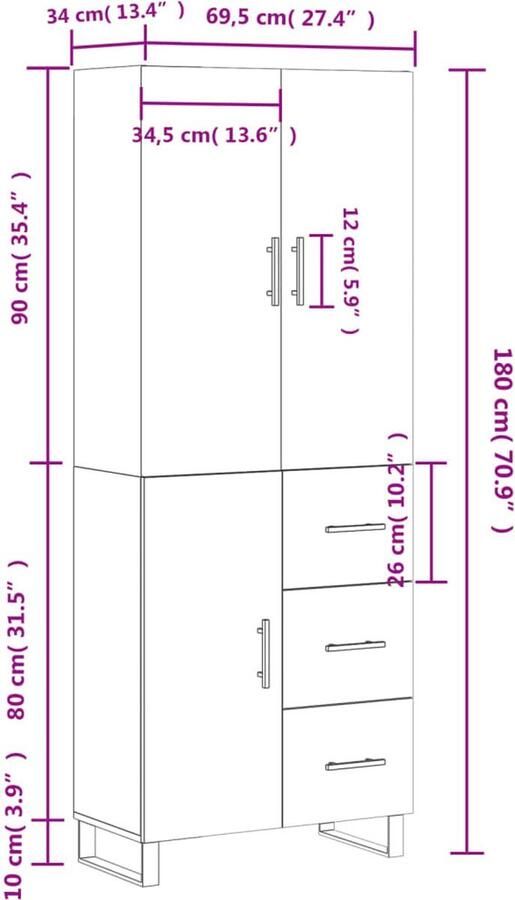 The Living Store Hoge kast 69 5x34x180 cm bewerkt hout betongrijs Hoge Kast Opbergkast Kledingkast Betonnen Grijze Kast Houten Kast