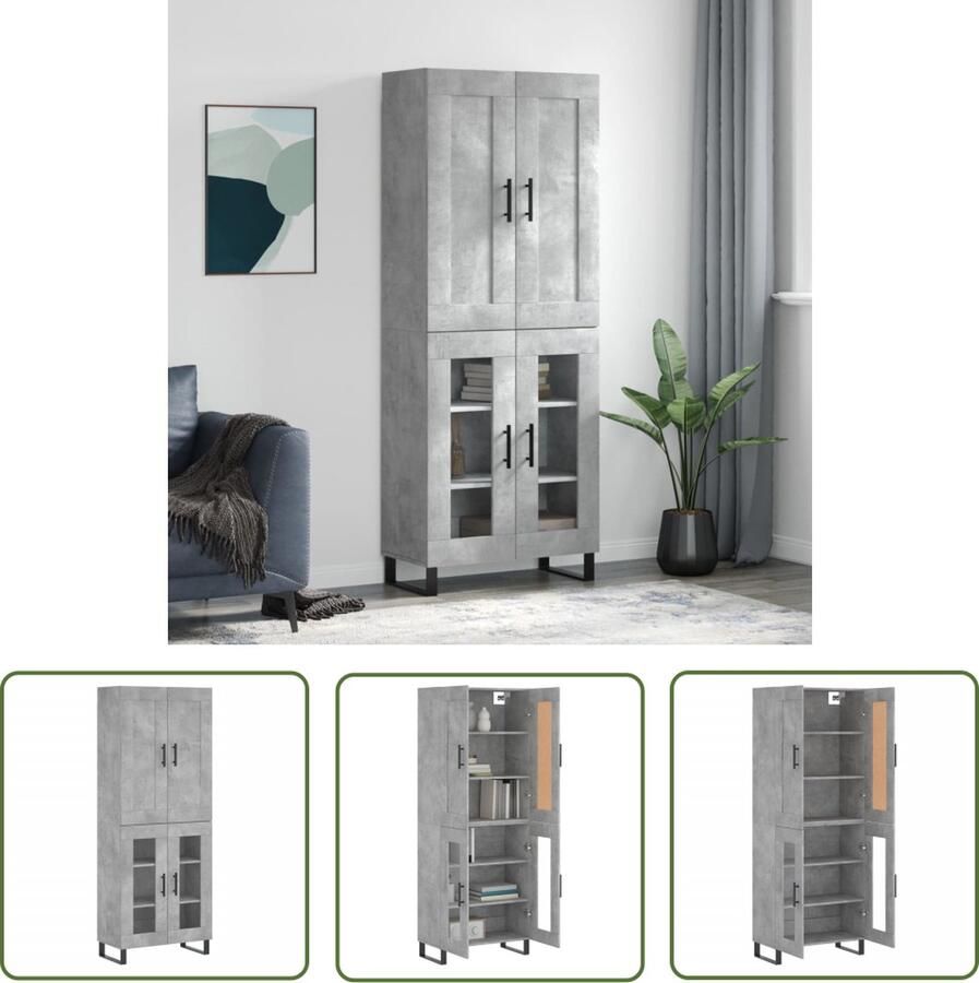 The Living Store Hoge kast 69 5x34x180 cm bewerkt hout betongrijs Hoge Kast Opslagoplossing Houten Kast Betonnen Grijze Kast Woonkamermeubilair - Foto 2