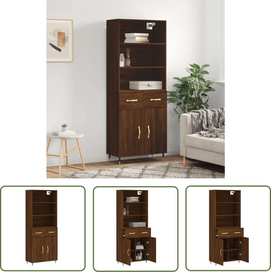The Living Store Hoge kast 69 5x34x180 cm bewerkt hout bruin eikenkleur Hoge Kast Dressoir Opbergkast Houten Kast