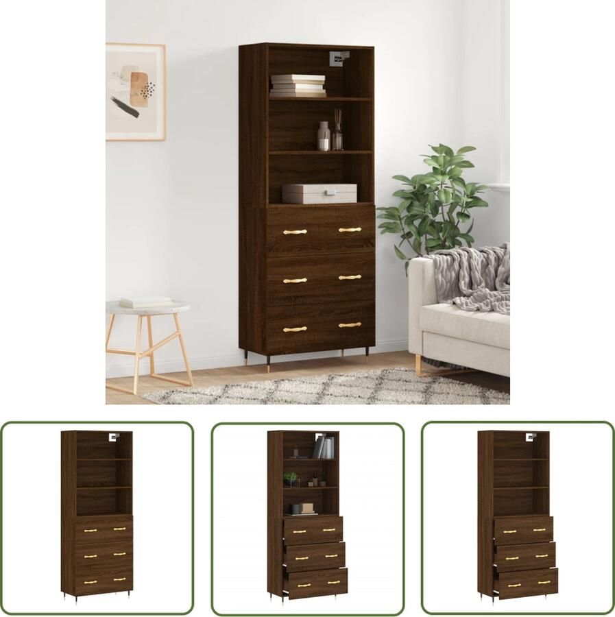 The Living Store Hoge kast 69 5x34x180 cm bewerkt hout bruin eikenkleur Hoge Kast Houten Kast Bruine Kast Opbergkast Woonkamerkast