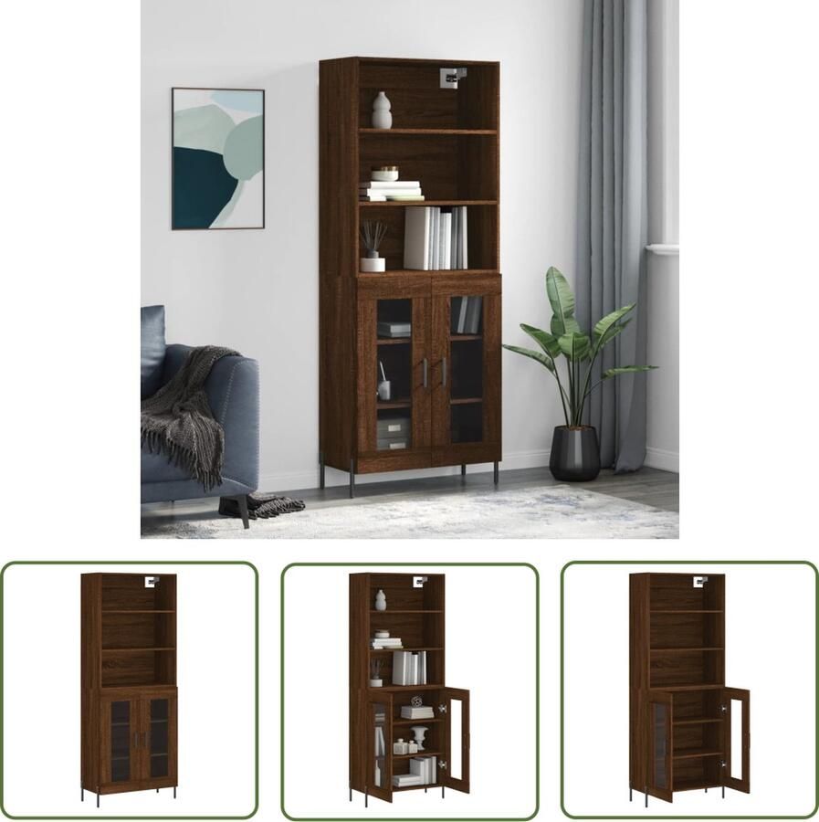 The Living Store Opbergkast Hoge Kast Bruineiken 69.5 x 34 x 180 cm Duurzaam materiaal Voldoende opbergruimte Praktische deuren Metalen voeten inclusief dressoir en opzetkast