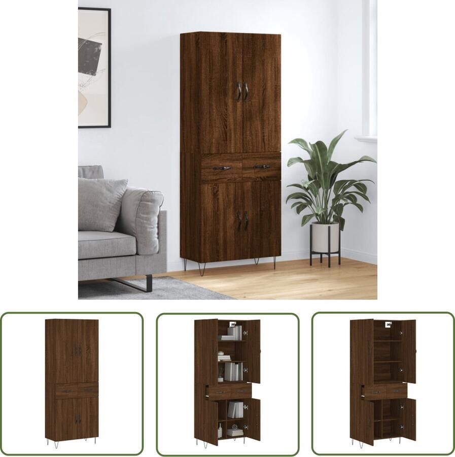 The Living Store Hoge kast 69 5x34x180 cm bewerkt hout bruin eikenkleur Hoge Kast Opbergkast Houten Kast Bruine Eiken Kast Met Deuren - Foto 2
