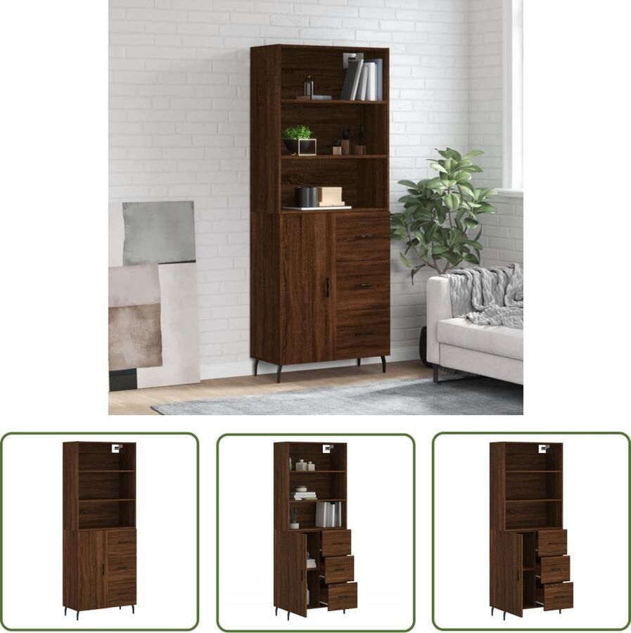 The Living Store Hoge Kast Bruineiken 69.5 x 34 x 180 cm Duurzaam hout en ijzer Opbergkast met praktische deur en ijzeren poten