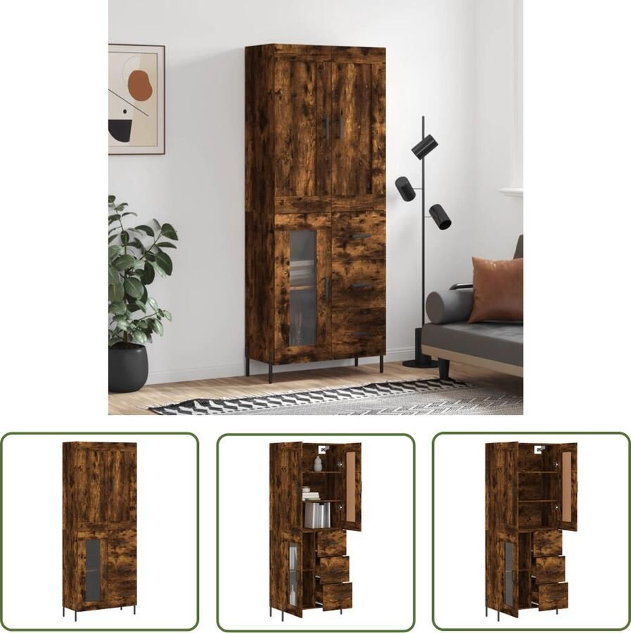 The Living Store Hoge kast 69 5x34x180 cm bewerkt hout gerookt eikenkleurig Hoge Kast Opbergkast Kast Houten Kast Bruine Kast