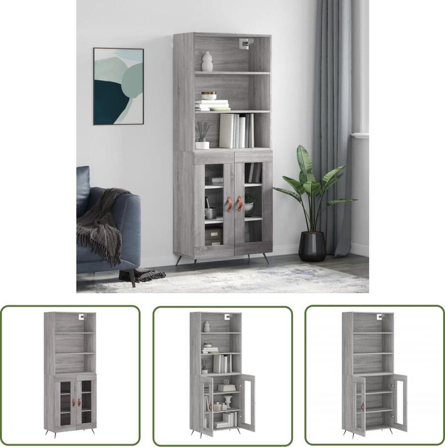 The Living Store Hoge kast 69 5x34x180 cm bewerkt hout grijs sonoma eikenkleurig Hoge Kast Grijze Kast Houten Kast Opslagkast Salontafel