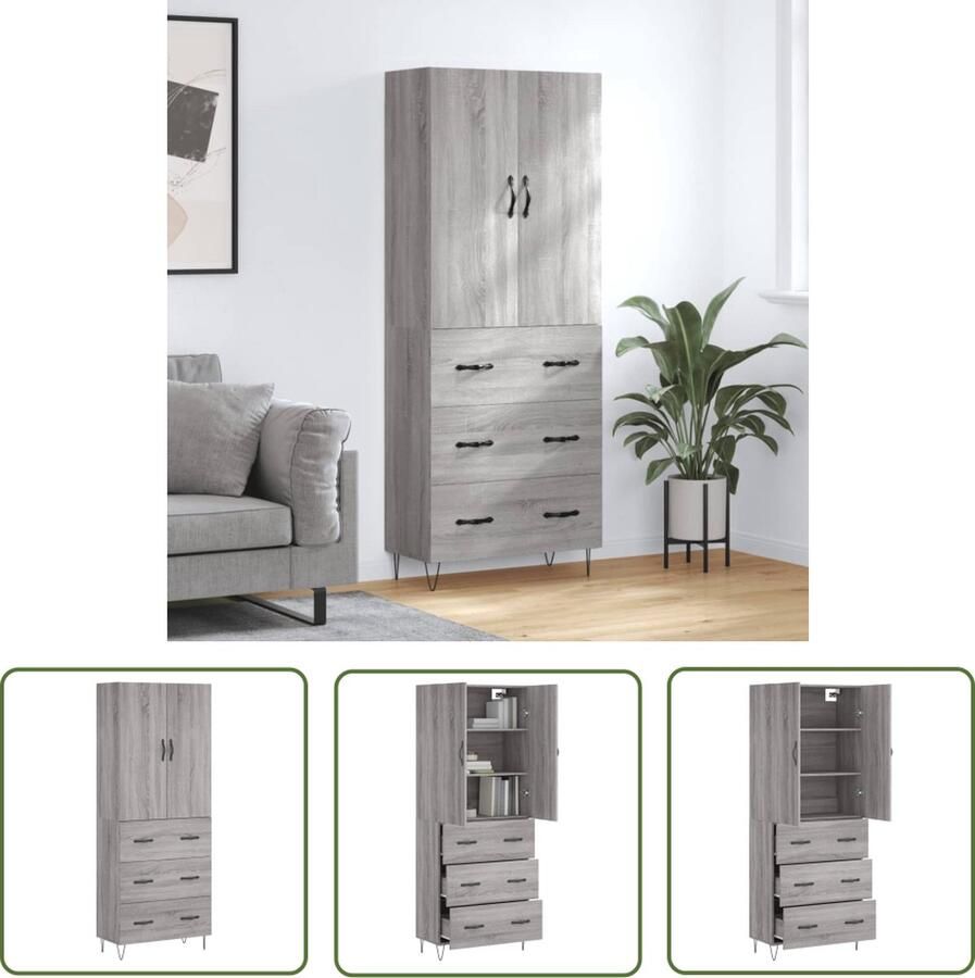 The Living Store Hoge kast 69 5x34x180 cm bewerkt hout grijs sonoma eikenkleurig Hoge Kast Kledingkast Opslagkast Houten Kast Grijze Kast