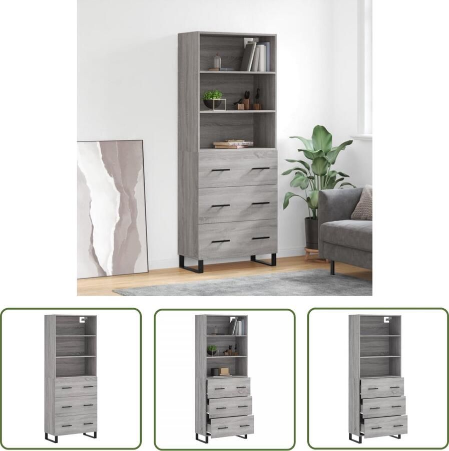 The Living Store Hoge kast 69 5x34x180 cm bewerkt hout grijs sonoma eikenkleurig Hoge Kast Kledingkast Opslagoplossing Houten Kast Grijze Kast