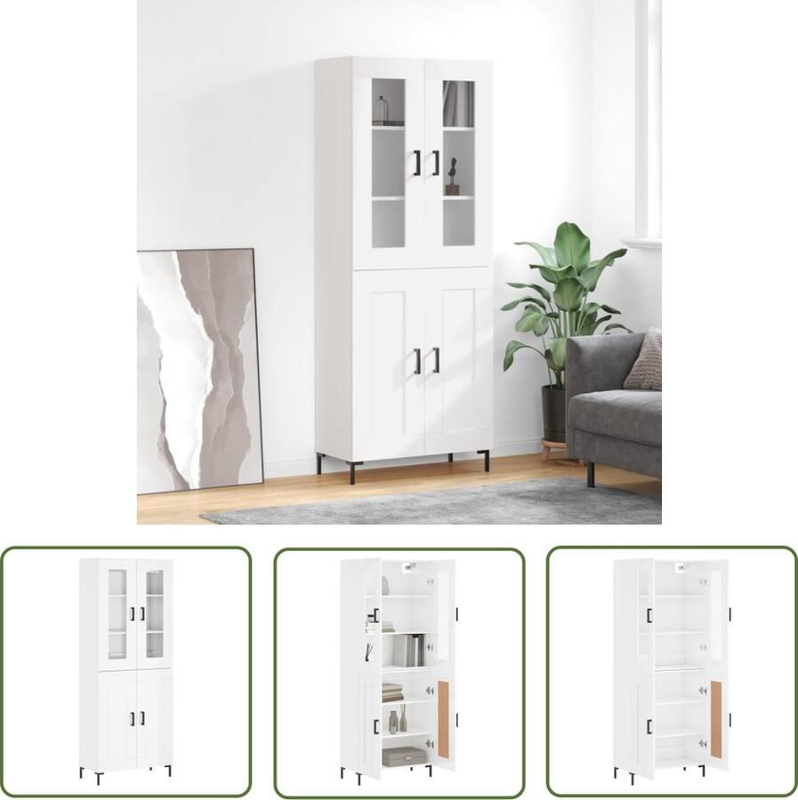 The Living Store Hoge kast 69 5x34x180 cm bewerkt hout hoogglans wit Hoge Kast Dressoir Buffetkast Witte Kast