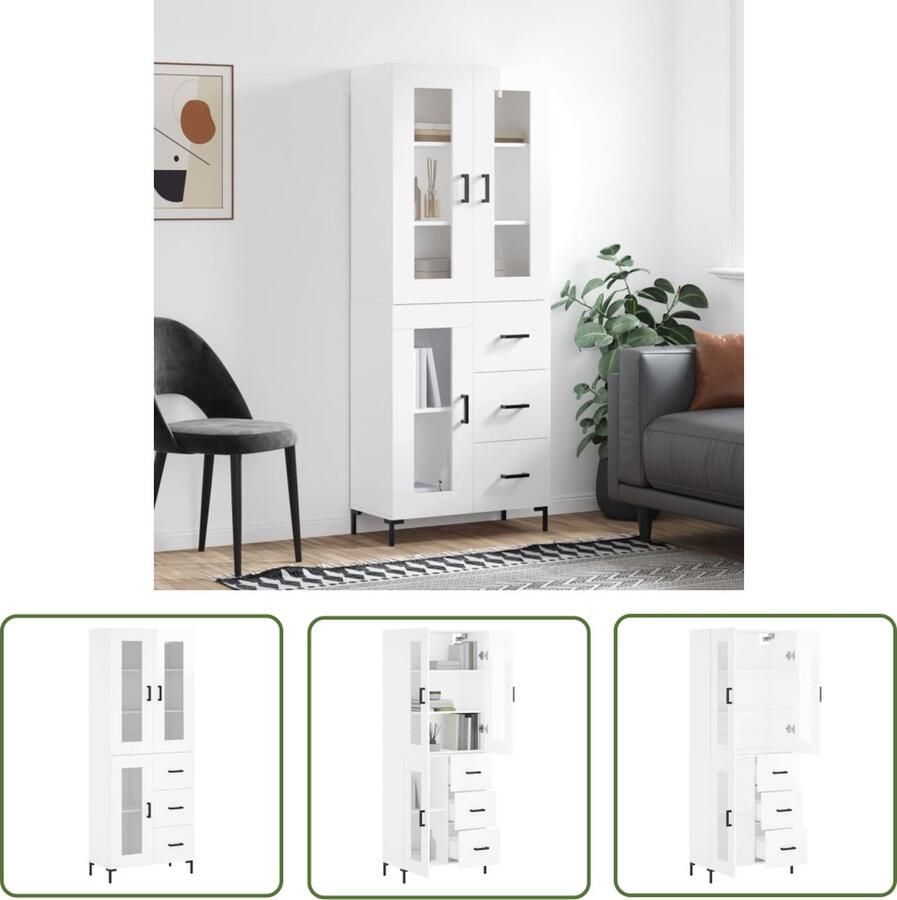The Living Store Hoge kast 69 5x34x180 cm bewerkt hout hoogglans wit Hoge Kast Dressoir Buffetkast Opslagkast Houten Kast