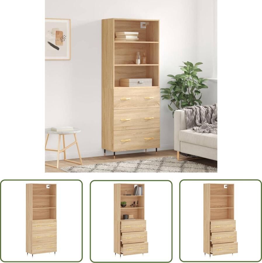 The Living Store Hoge kast 69 5x34x180 cm bewerkt hout sonoma eikenkleurig Hoge Kast Salontafel Houten Kast Eiken Kast