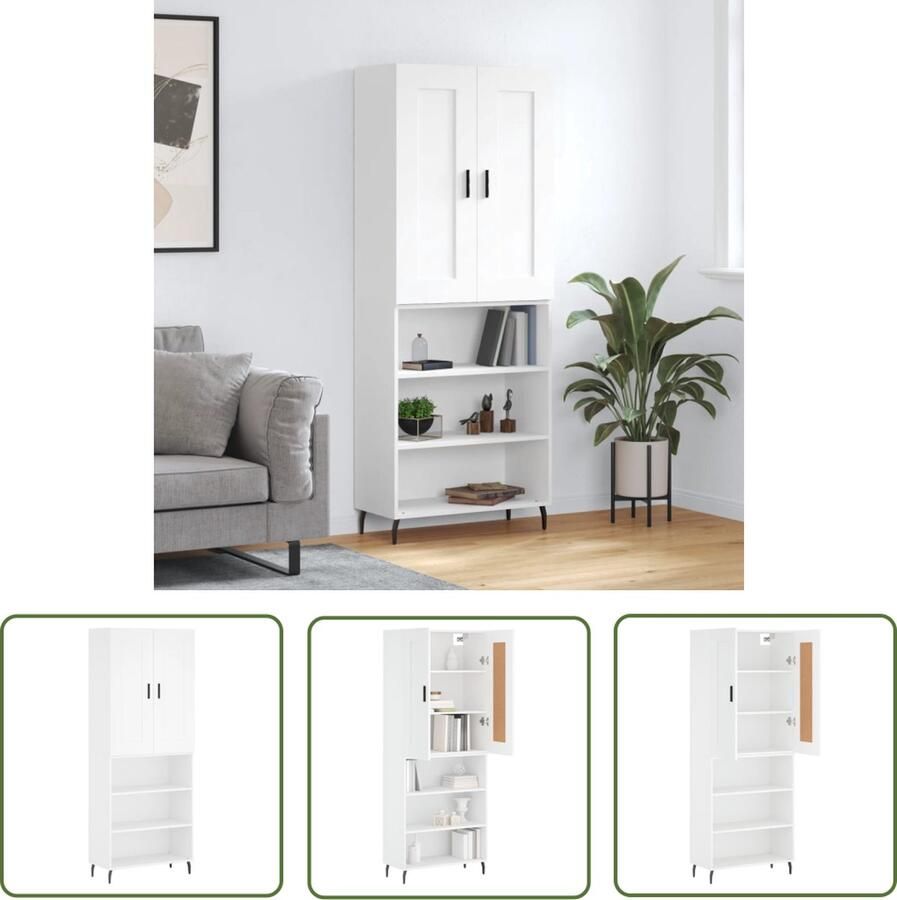 The Living Store Hoge kast 69 5x34x180 cm bewerkt hout wit Hoge Kast Opbergkast Boekenkast Dressoir Buffetkast