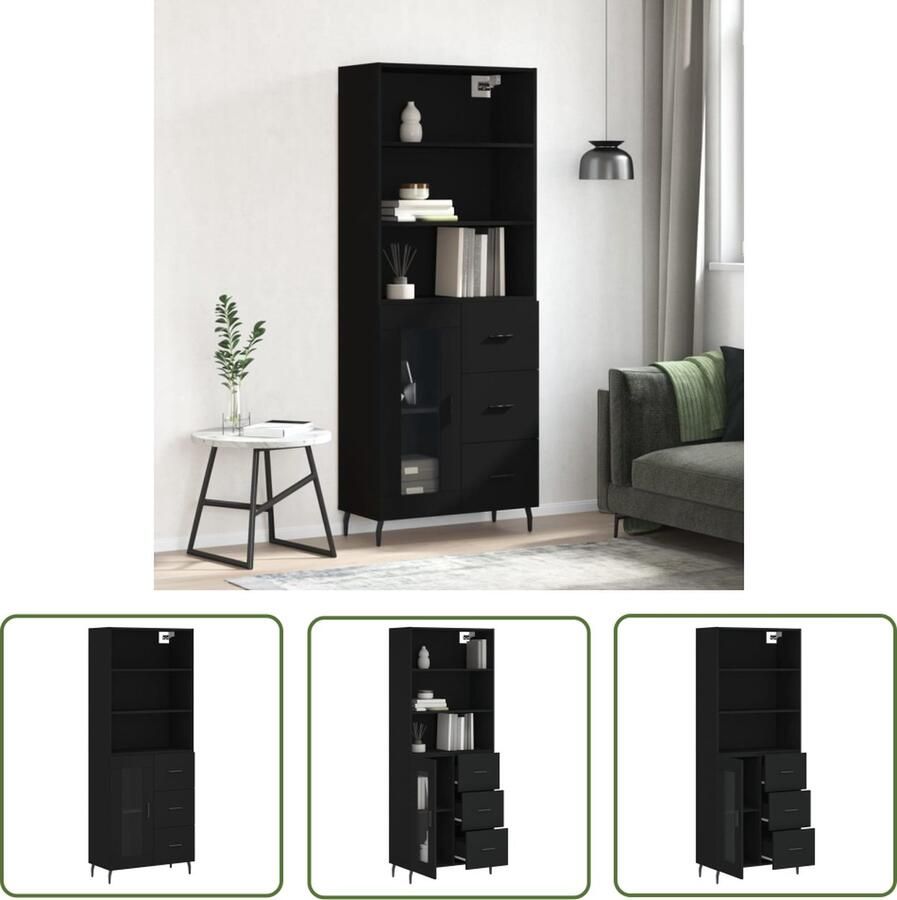 The Living Store Hoge kast 69 5x34x180 cm bewerkt hout zwart Hoge Kast Opbergkast Houten Kast Zwarte Kast