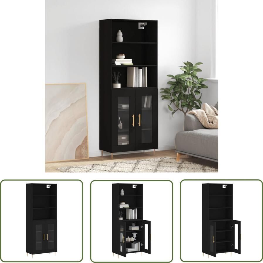 The Living Store Hoge kast 69 5x34x180 cm bewerkt hout zwart Hoge Kast Opbergkast Houten Kast Zwarte Kast Woonkamer Kast