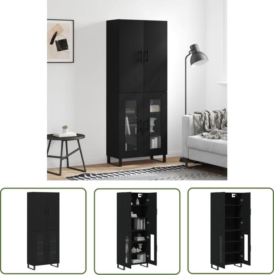 The Living Store Hoge kast 69 5x34x180 cm bewerkt hout zwart Hoge Kast Opbergkast Kast Houten Kast Zwarte Kast