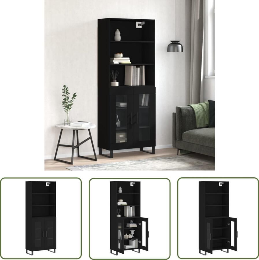 The Living Store Hoge kast 69 5x34x180 cm bewerkt hout zwart Hoge Kast Opbergkast Kast Houten Kast Zwarte Kast