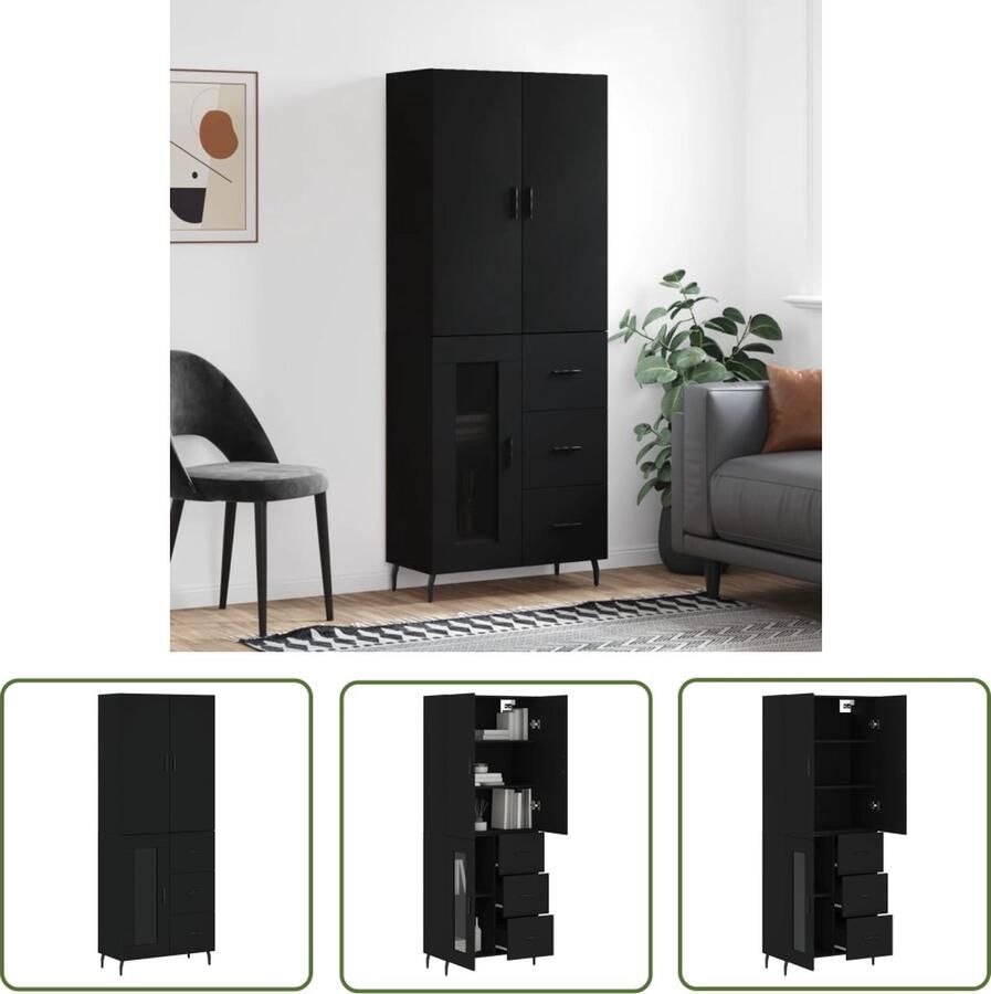 The Living Store Hoge kast 69 5x34x180 cm bewerkt hout zwart Hoge Kast Zwarte Kast Houten Kast Opslagoplossing Woonkamermeubilair - Foto 3