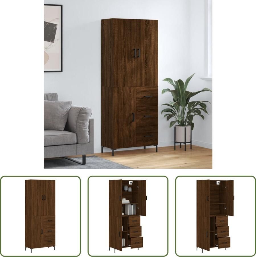The Living Store Hoge Kast Bruineiken 69.5 x 34 x 180 cm Duurzaam hout Voldoende opbergruimte Metalen voeten - Foto 6