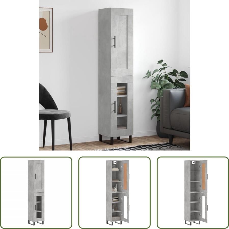 The Living Store Hoge kast 34 5x34x180 cm bewerkt hout betongrijs Hoge Kast Betongrijs Houten Kast Opslagoplossing Woonkamermeubel