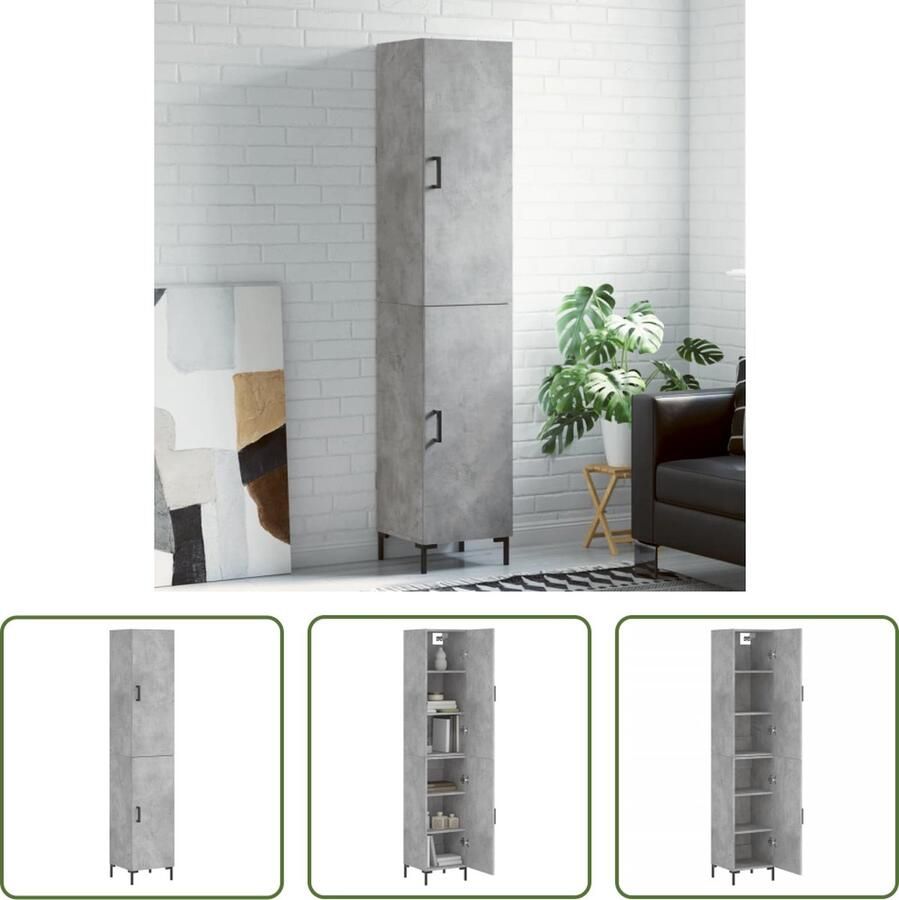 The Living Store Hoge kast 34 5x34x180 cm bewerkt hout betongrijs Hoge Kast Dressoir Buffetkast Opbergkast Houten Kast
