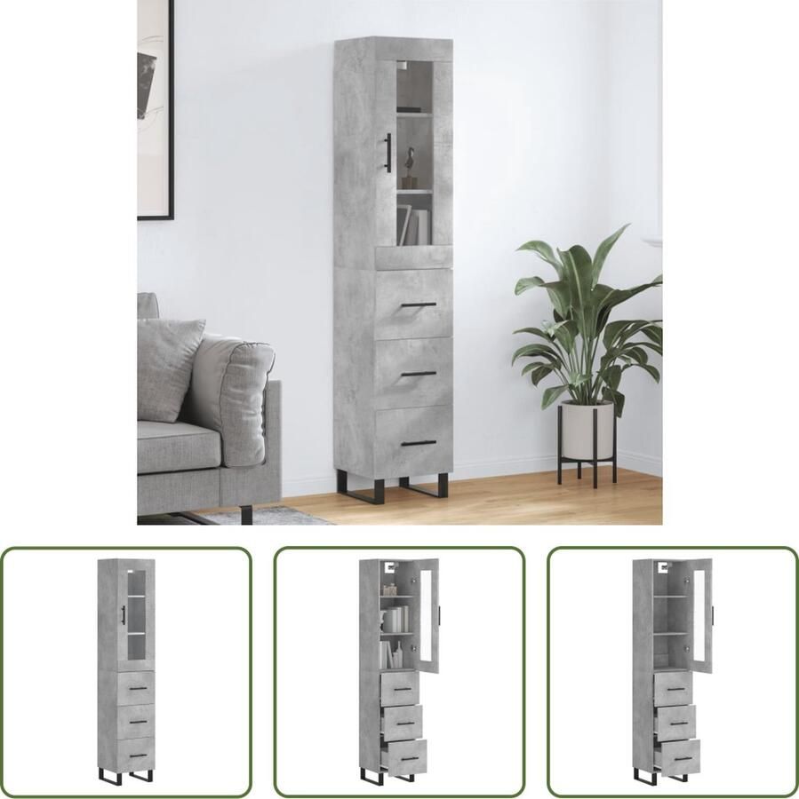 The Living Store Hoge kast 34 5x34x180 cm bewerkt hout betongrijs Hoge Kast Opbergkast Kledingkast Woonkamer Decoratie Betongrijze Kast