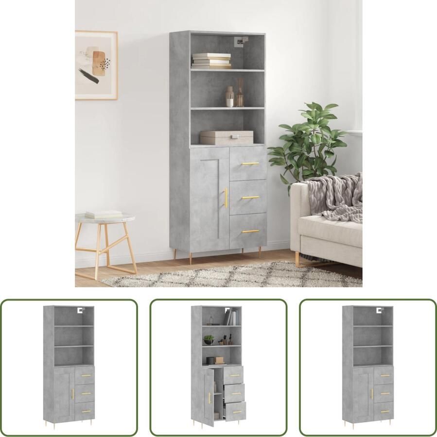 The Living Store Hoge kast 69 5x34x180 cm bewerkt hout betongrijs Hoge Kast Opbergkast Betonnen Grijze Kast Houten Kast Dressoir