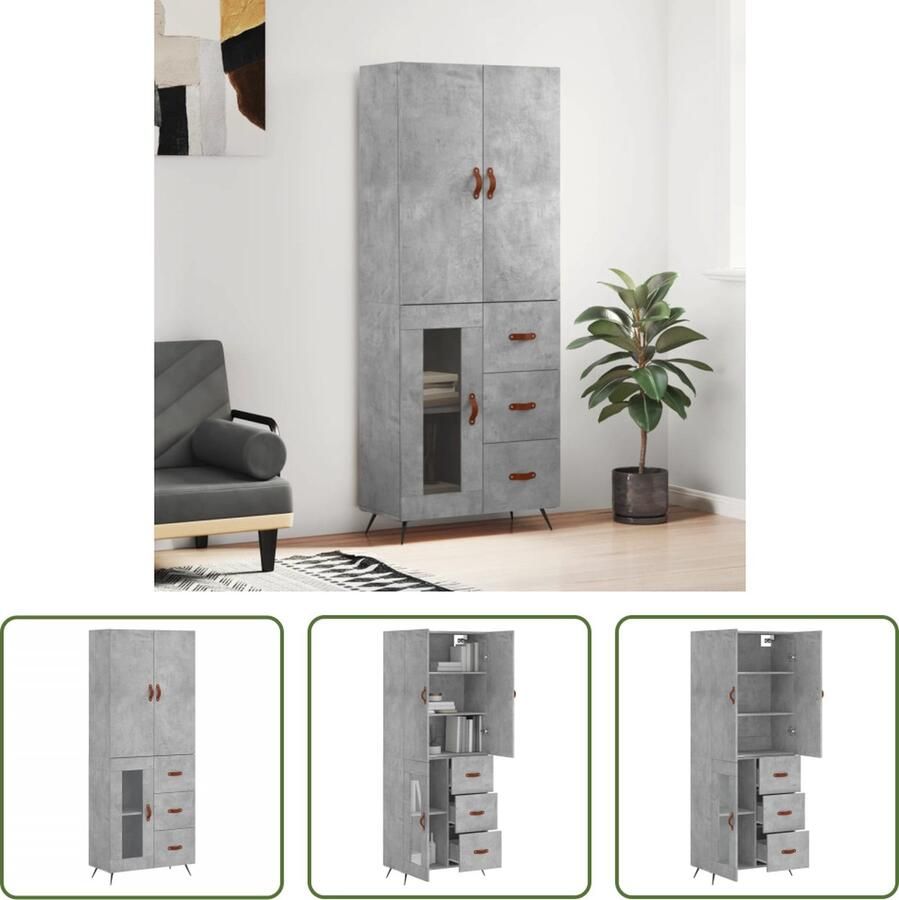 The Living Store Hoge Kast Betongrijs 69.5 x 34 x 180 cm Duurzaam materiaal voldoende opbergruimte praktische deuren Metalen voeten Montage vereist - Foto 2